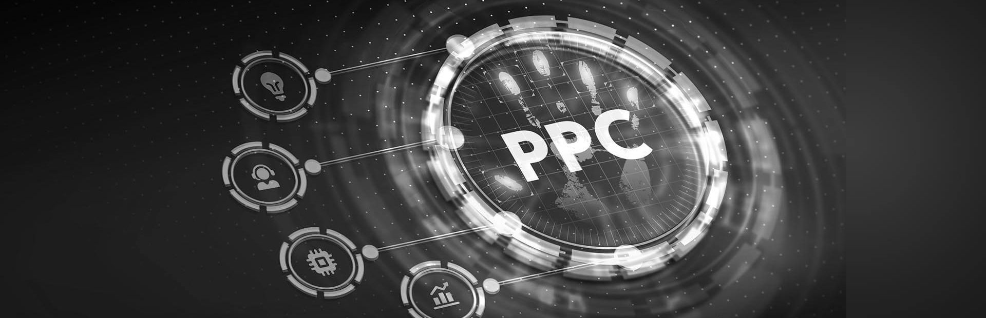Hologram of PPC marketing services and related icons.